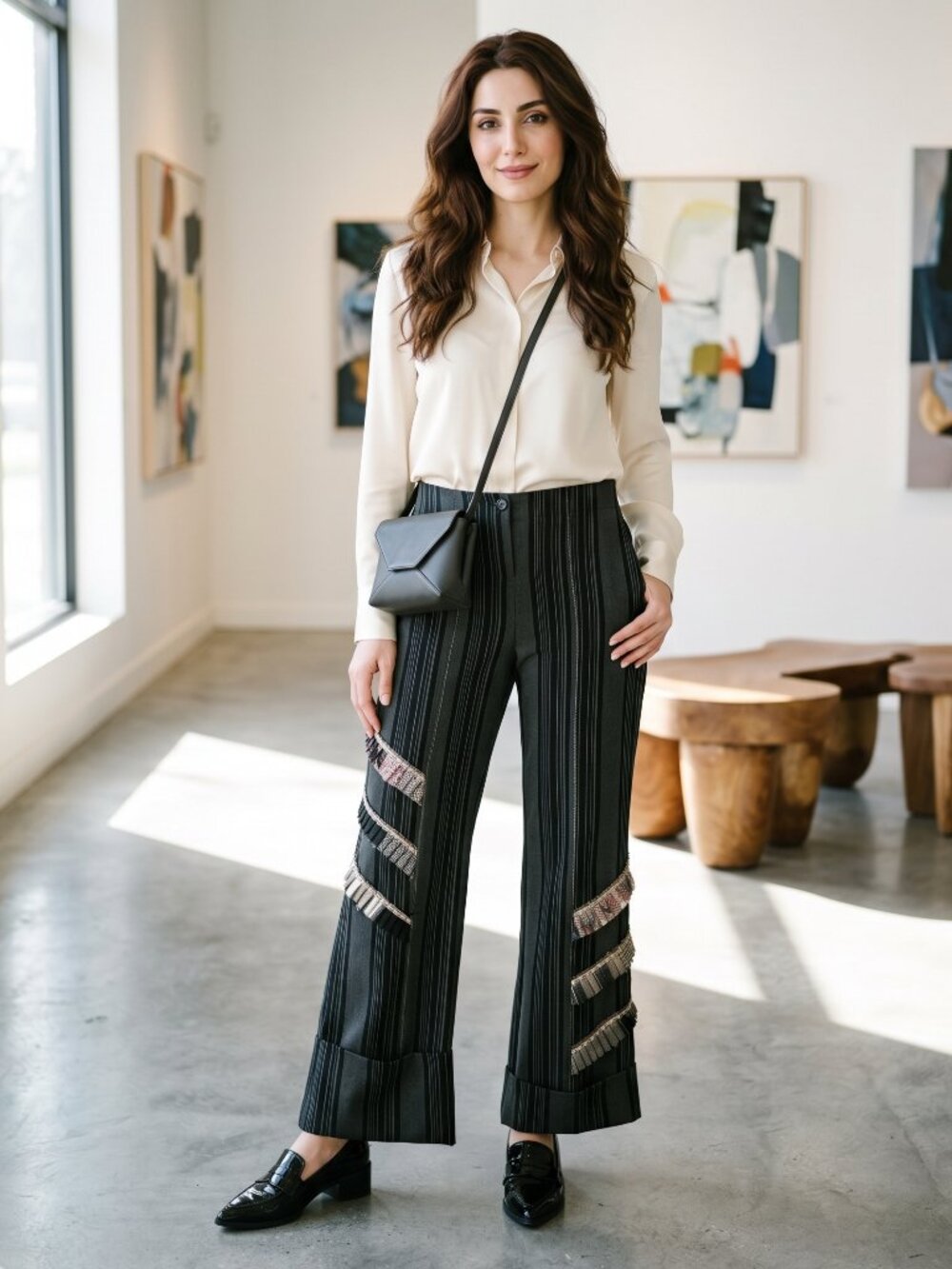 Myco Anna Quebec Designer Pinstripe Wide Leg Pants Asymmetric Tweed Creative M